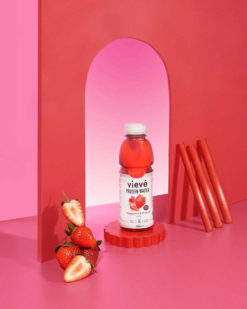 Vieve Strawberry & Rhubarb protein water drink – fruity collagen protein drink with 20g protein, 0g sugar, 90 calories – low-calorie protein water for hydration and recovery