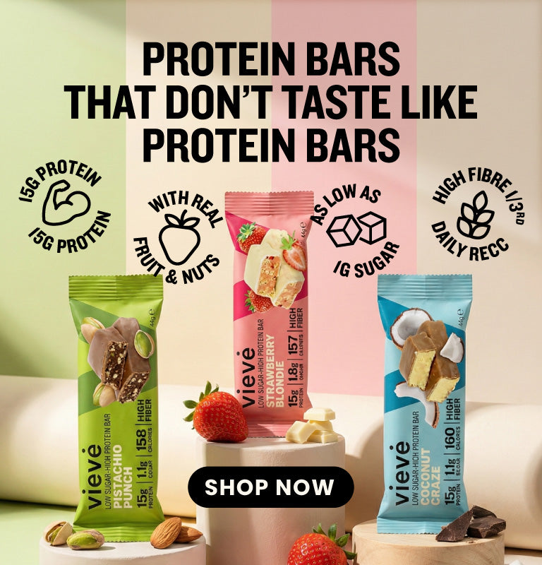 Vieve high-protein bars in Pistachio Punch, Strawberry Blondie and Coconut Craze flavours, low sugar, high fibre protein snack bars