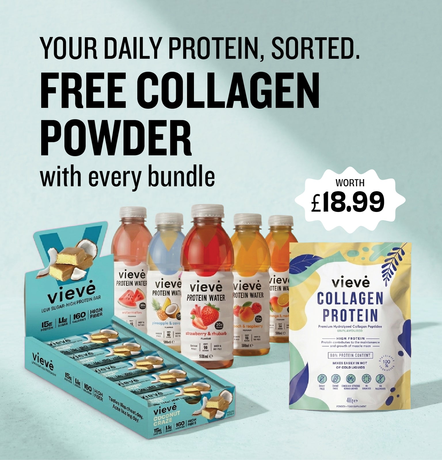 Protein bundle deal with protein water drinks, low sugar high protein bars and free collagen powder supplement UK